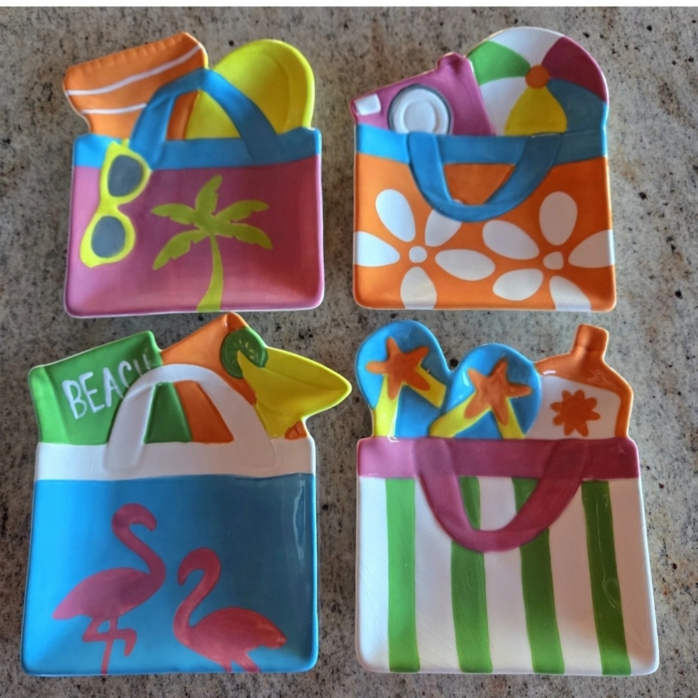 Boston Warehouse Beach Bag Plates Set Of 4 Appetizer Snack Plates 2007 EUC